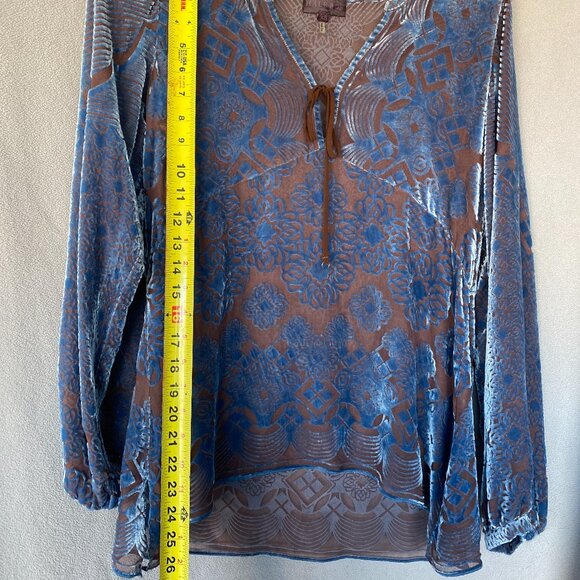 Hale Bob Blue Burnout Velvet Sheer Boho Blouse Size XS | Long Sleeve Peasant Top - Picture 3 of 7